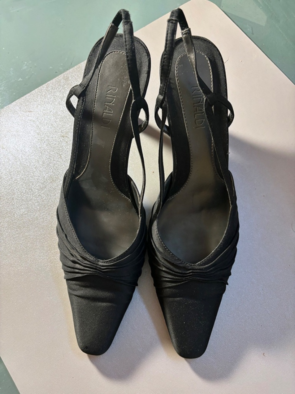 Rinaldi Black Satin Ruched Slingback Heels
